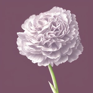 White Carnation with Mauve Highlights, a Green Stem & a Mauve Background