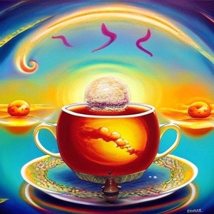 May include: A surreal painting of a teacup with a swirling, colorful background. The teacup is filled with a dark liquid and a round, white object floats on top. The background features a bright orange and yellow sunset with a blue sky and pink swirls.