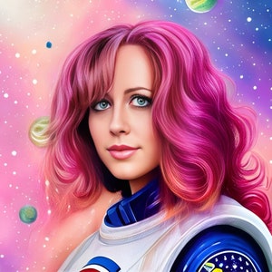 May include: A woman with pink and orange hair wearing a white and blue spacesuit against a pink and purple galaxy background.