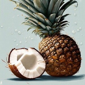 May include: A whole pineapple with green leaves and a halved coconut with white flesh. The pineapple and coconut are on a light blue background.