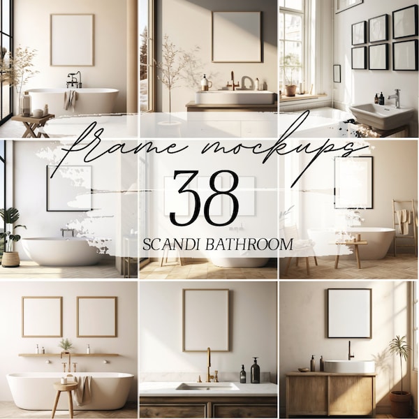 Premium Frame Mockup Bundle Scandi Bathroom 38 High-Quality Frame Mockups | Wall Frame Mockup Restroom | Poster Mockup | Interior Mockup