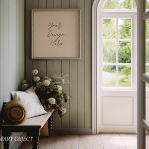 Maqueta de póster de casa de campo vintage: Interior estilo cottagecore (PSD y JPEG)