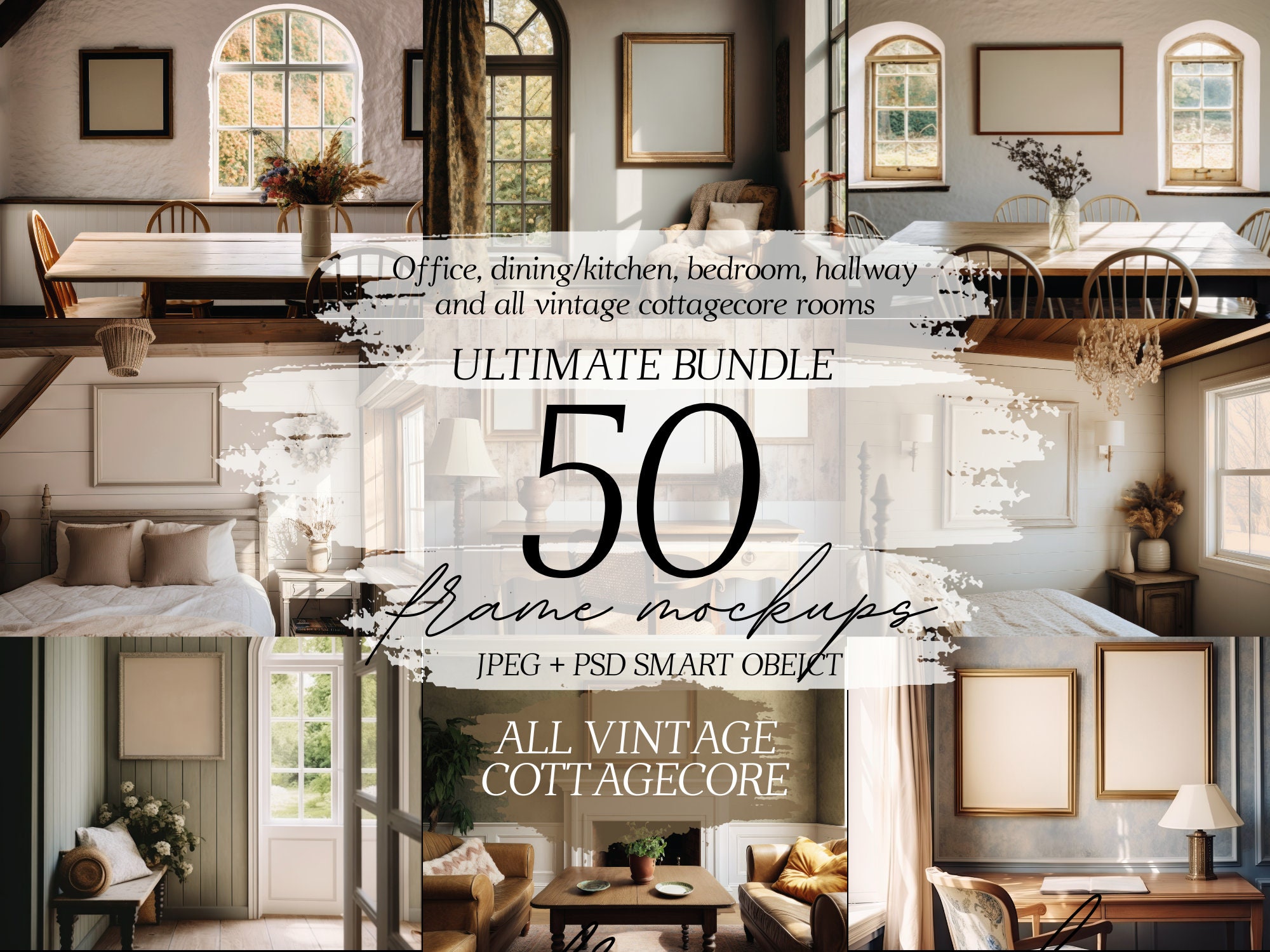 Vintage Cottagecore Poster Mockup Bundle: 50 PSD & JPEG Files