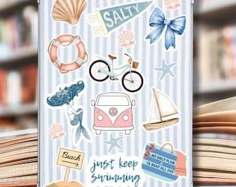 May include: A clear tablet case with a blue and white striped background, decorated with beach-themed stickers. Stickers include a seashell, a life preserver, a bicycle, a mermaid, a sailboat, and the text "Salty" and "Just keep swimming".