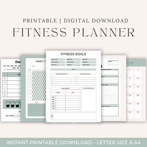 May include: Printable fitness planner with pages for daily tracking, habit tracker, fitness goals, and a monthly calendar. The pages are white with a light green border and text.
