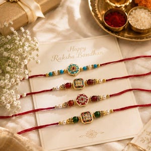 May include: Four Raksha Bandhan bracelets with ornate, colorful designs and red threads are displayed on a card that reads "Happy Raksha Bandhan." A gift box, flowers, and a tray with a lit candle and small bowls are also visible.
