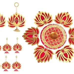 RN verleidelijke MDF lotus Rangoli/ophanging comboset (1 Rangoli, 1 paar Shubh labh hangend, 6 stuks lotus hangend) voor Diwali/huwelijk/housewarming