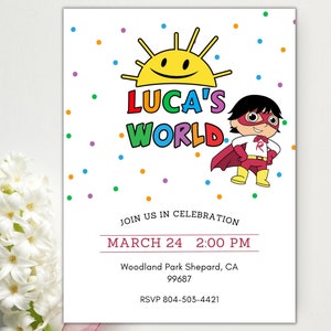 May include: A colorful invitation for a birthday party with the text "LUCA'S WORLD" and a cartoon superhero character. The invitation includes the date "MARCH 24" and the time "2:00 PM".