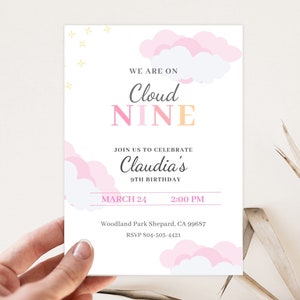 Cloud 9 Birthday Invitation - Cloud 9th Birthday Invitation - We&#39;re On Cloud Nine Party - Girls Birthday Invitation