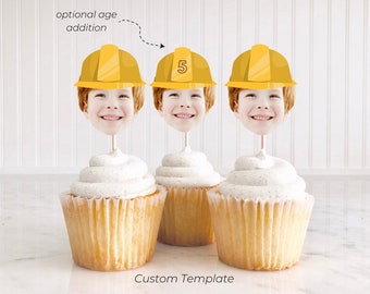 Construction Truck Birthday Cupcake Toppers, Custom Face (Digital Download)