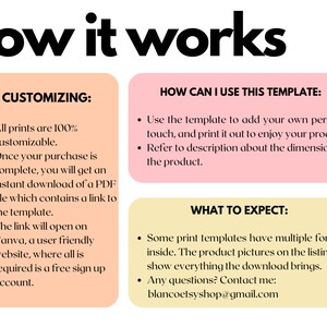 May include: A pink, yellow, and white graphic with the text "how it works" in black. The graphic explains how to customize and use a printable template. It also includes information about what to expect when downloading the template.