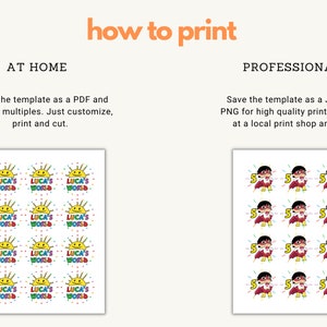 May include: Two printable sheets of stickers. One sheet features a repeated design of a sun with the words "Luca's World" in a colourful circle. The other sheet features a repeated design of a cartoon superhero wearing a red cape and holding a number 5.