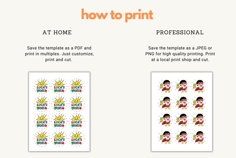 May include: Two printable sheets of stickers. One sheet features a repeated design of a sun with the words "Luca's World" in a colourful circle. The other sheet features a repeated design of a cartoon superhero wearing a red cape and holding a number 5.