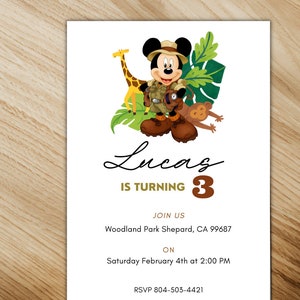 May include: A birthday invitation featuring Mickey Mouse dressed as an explorer with a giraffe, monkey, and jungle leaves. The invitation says "Lucas is turning 3" and includes details for the party, including the date, time, and location.