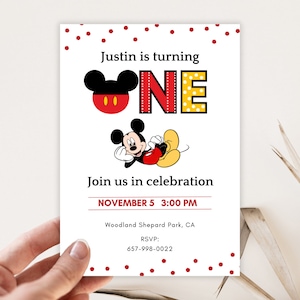 Mickey 1st Birthday Invitation, Mickey Mouse First Birthday Invitation Template, Boy Mickey 1st Birthday, Digital Kids Party Invite Template