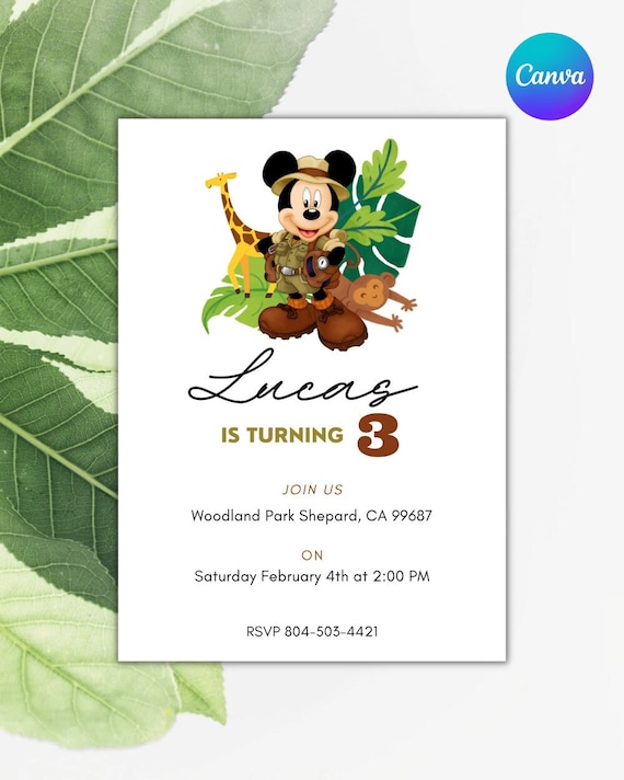 Mickey Safari Invitation - Kids Invitation - Digital Party Invite - Kids Birthday Mickey Safari - Editable in Canva- Boys Birthday Invite