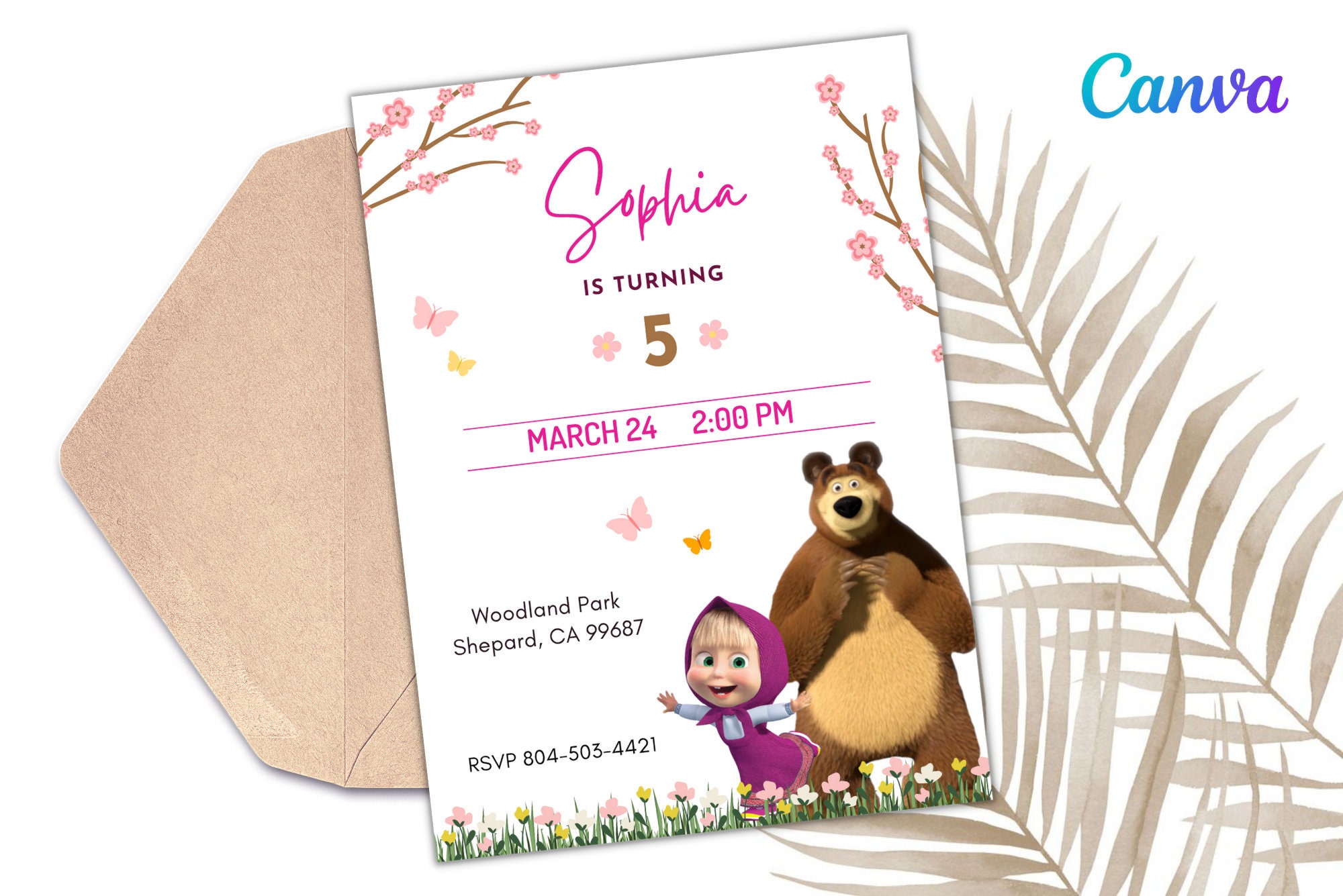 Invitación de Masha y el Oso - Invitación de Niñas - Plantilla de