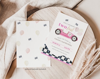 Two Fast Girl Birthday Invitation Template | Pink Race Car, Editable (Digital)