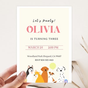 Dog Birthday Invitation Template, Puppy Party, Modern Dog Birthday Invite, Girl Birthday Invitation, Editable Invitation, INSTANT DOWNLOAD