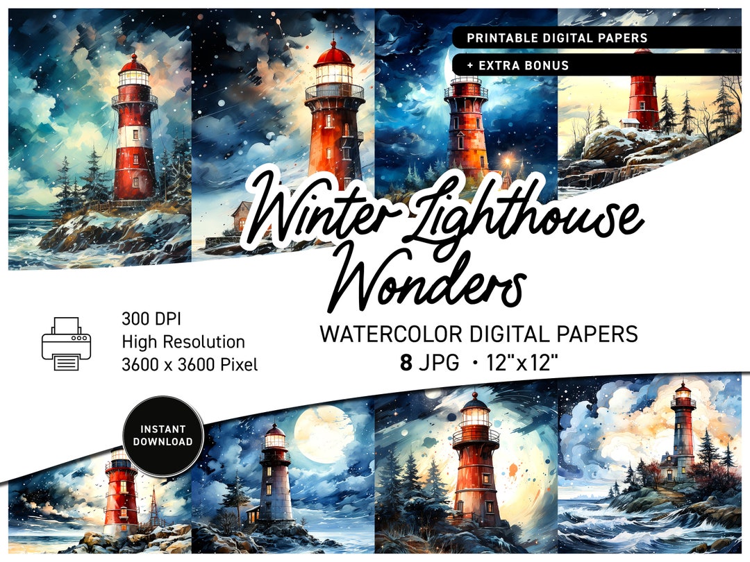 Digital Paper Winter Lighthouse Printable Scrapbook Papers Pack ...