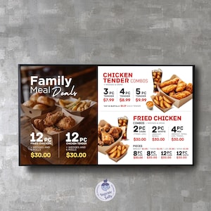 May include: A digital menu board with a red and white color scheme advertising family meal deals for fried chicken and chicken tenders. The menu includes options for 3, 4, and 5 piece chicken tender combos, 12 piece fried chicken and chicken tender meals, and various fried chicken combos and pieces.