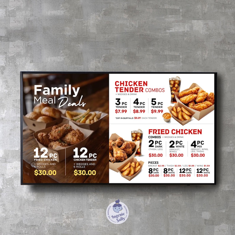 May include: A digital menu board with a red and white color scheme advertising family meal deals for fried chicken and chicken tenders. The menu includes options for 3, 4, and 5 piece chicken tender combos, 12 piece fried chicken and chicken tender meals, and various fried chicken combos and pieces.