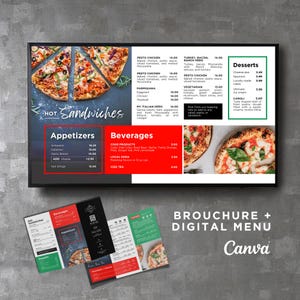 Pacote DIY Pizza Estática TV Editável Digital Menu Board Tela Takeout Brochura Canva para Restaurante Pizza Café da manhã Drive Thru Food Truck
