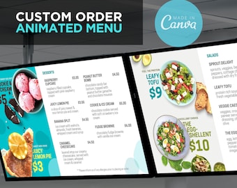 Custom Order Animated Digital TV Editable Canva Menu Board Screen for Restaurant Pizza Burger Cafe Breakfast Drive Thru Food Truck Kitchen