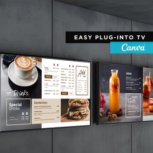 Plantilla de Canva para tablero de menú digital editable con TV estática para restaurante, cafetería, desayuno, autoservicio, camión de comida, té y batidos