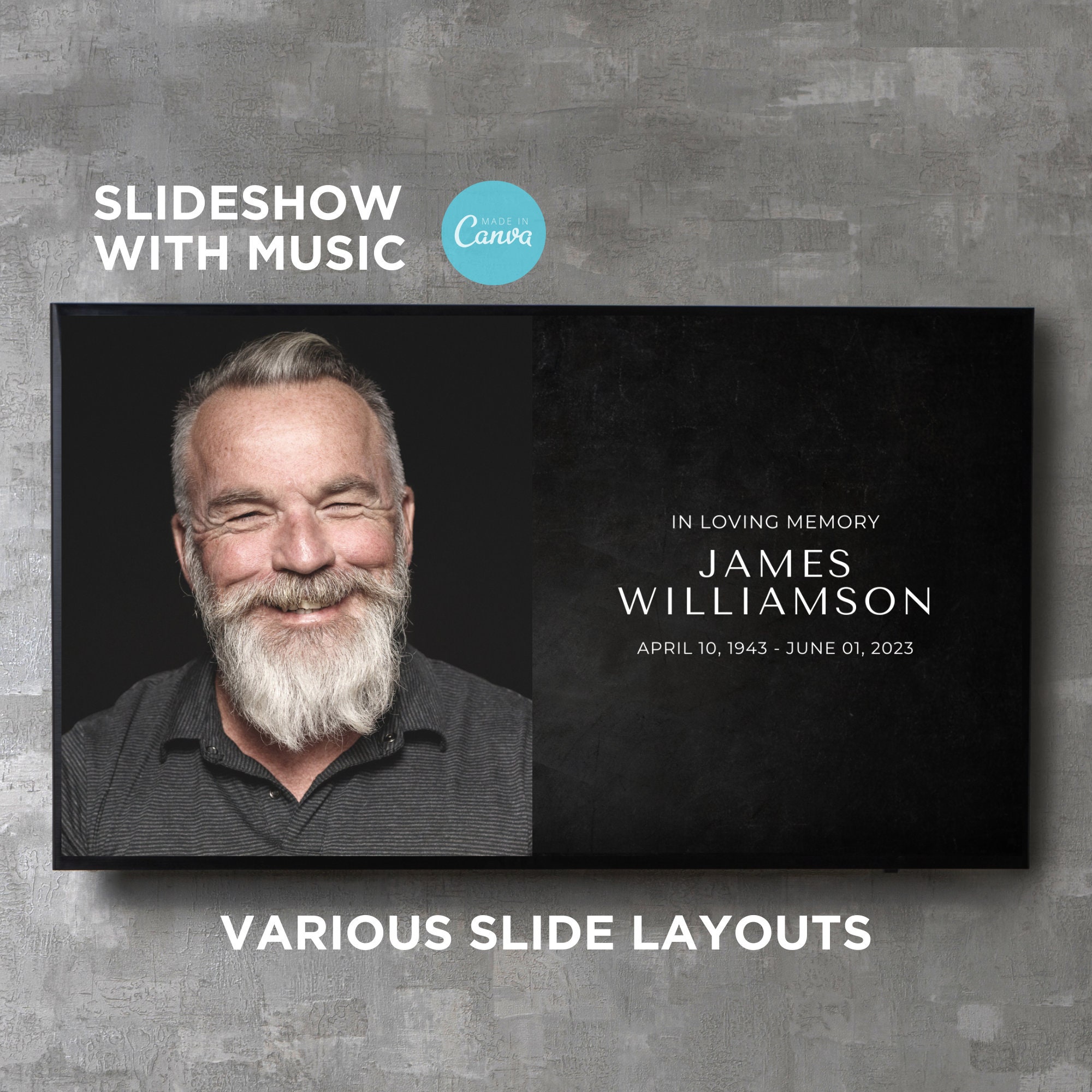 Funeral Slideshow Presentation Template with Music Photo Collage Slide Show Digital Video Movie Album Book Canva Text Image Song Editable