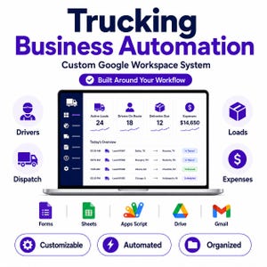 May include: A digital graphic for Trucking Business Automation featuring a laptop displaying a dashboard with active loads, drivers, and expenses. Icons for Drivers, Dispatch, Loads, and Expenses surround the screen, with Google Workspace app logos below.