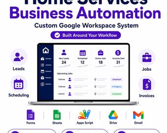 May include: A digital graphic for Home Services Business Automation featuring a laptop displaying a dashboard with metrics for leads, scheduled tasks, active jobs, and invoices. Icons for Google Workspace apps like Forms, Sheets, and Gmail are included.