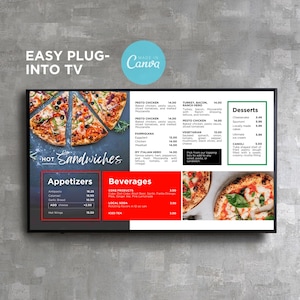 Plantilla de Canva para tablero de menú digital editable con TV estática para restaurante, sándwich, cafetería, desayuno, autoservicio, camión de comida, pizza y pasta