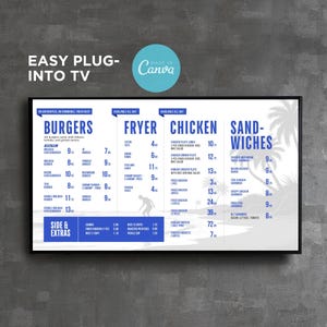 May include: A digital menu board displaying a restaurant menu with sections for burgers, fried items, chicken, sandwiches, and sides. The menu includes prices and food descriptions. The words "Easy Plug-Into TV" are at the top left.