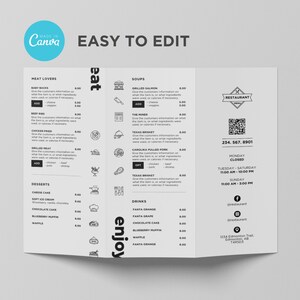 Modelo de menu de brochura para viagem com três dobras para restaurante, pizza, hambúrguer, café, café da manhã, drive thru, food truck, cozinha, canva, editável, moderno