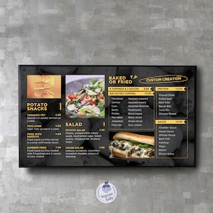 May include: A black and gold menu board with a list of food items and prices. The menu includes potato snacks, salads, baked or fried options, and custom creations. The menu also includes a list of toppings, proteins, and sauces.