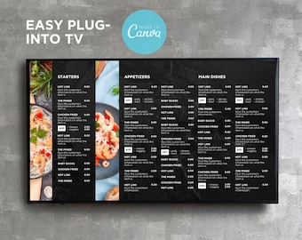 May include: A black menu board with a white border, displaying a restaurant menu with the title "Easy Plug-Into TV". The menu is divided into three sections: "Starters", "Appetizers", and "Main Dishes". Each section lists various food items with their prices, including "Hot Link", "The Miner", "Chicken Fried", "Baby Backs", and "Add".