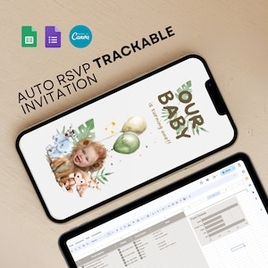 RSVP Automatische gastenlijsttracker Digitale verjaardagsuitnodigingskaart baby eerste jaar met online registerfonds Interactieve junglesafari Lion Face