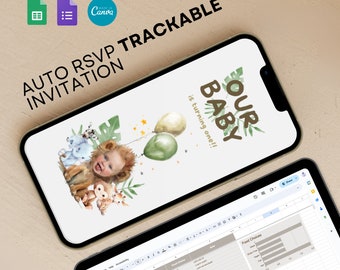 May include: A digital invitation for a baby's first birthday party. The invitation features a cartoon lion with a baby's face, surrounded by jungle animals and balloons. The text on the invitation reads "Our Baby is turning one!" and includes a link to an RSVP form.