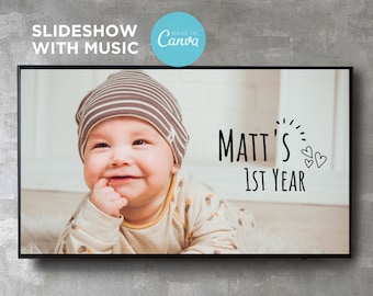 Baby First Birthday Slideshow Presentation Template with Music Photo Collage Digital Video Movie Album Book Canva Text Image Song Editable