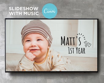 Baby First Birthday Slideshow Presentation Template with Music Photo Collage Digital Video Movie Album Book Canva Text Image Song Editable