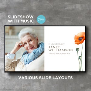 Funeral Slideshow Presentation Template with Music Photo Collage Slide Show Digital Video Movie Album Book Canva Text Image Song Editable