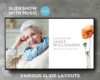Funeral Slideshow Presentation Template with Music Photo Collage Slide Show Digital Video Movie Album Book Canva Text Image Song Editable