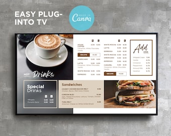Plantilla de Canva para tablero de menú digital editable con TV estática para restaurante, cafetería, desayuno, autoservicio, camión de comida, té y batidos