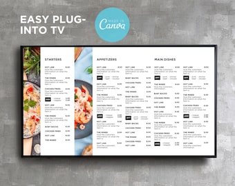 May include: A black flat-screen TV displays a restaurant menu with starters, appetizers, and main dishes. The menu includes text such as "Hot Link" and "Chicken Fried." The words "Easy Plug-Into TV" and "Made in Canva" are also visible.