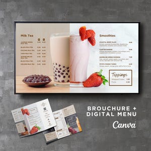 Pacote DIY TV estática editável digital menu board tela takeout brochura canva para restaurante sanduíche café drive thru food truck smoothie