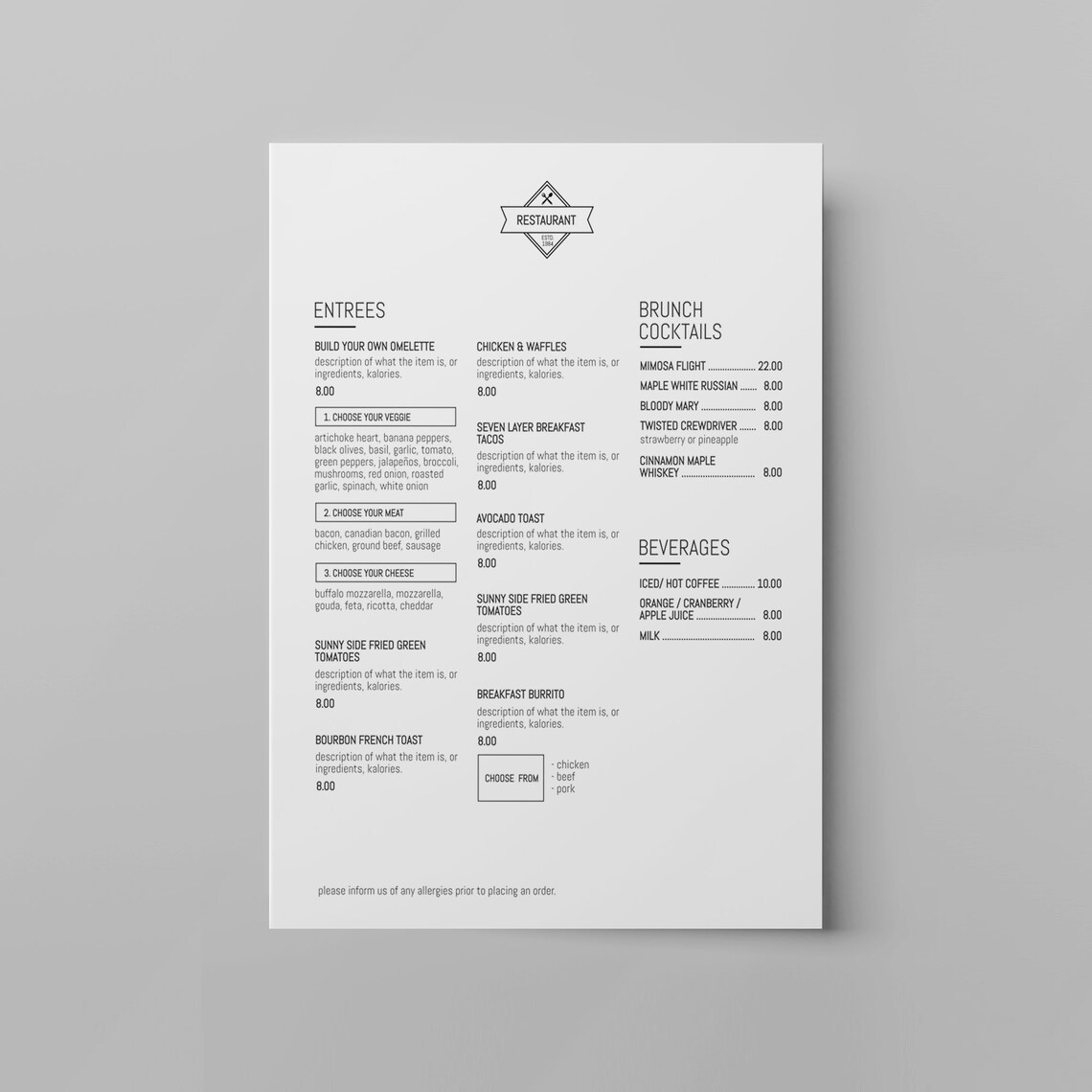 DIY Cafe Menu Print Cafe Menu Template Restaurant Menu Etsy Canada