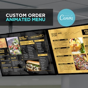 Tela de quadro de menu de TV digital animada personalizada editável Canva para restaurante Pizza Burger Café Café da manhã Drive Thru Food Truck Cozinha