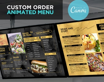 Custom Order Animated Digital TV Editable Canva Menu Board Screen for Restaurant Pizza Burger Cafe Breakfast Drive Thru Food Truck Kitchen