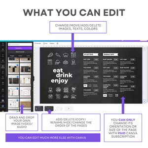May include: A black and white chalkboard menu with the text "eat, drink, enjoy" and a list of menu items with prices. The menu is divided into two sections: "Starters" and "Signature".